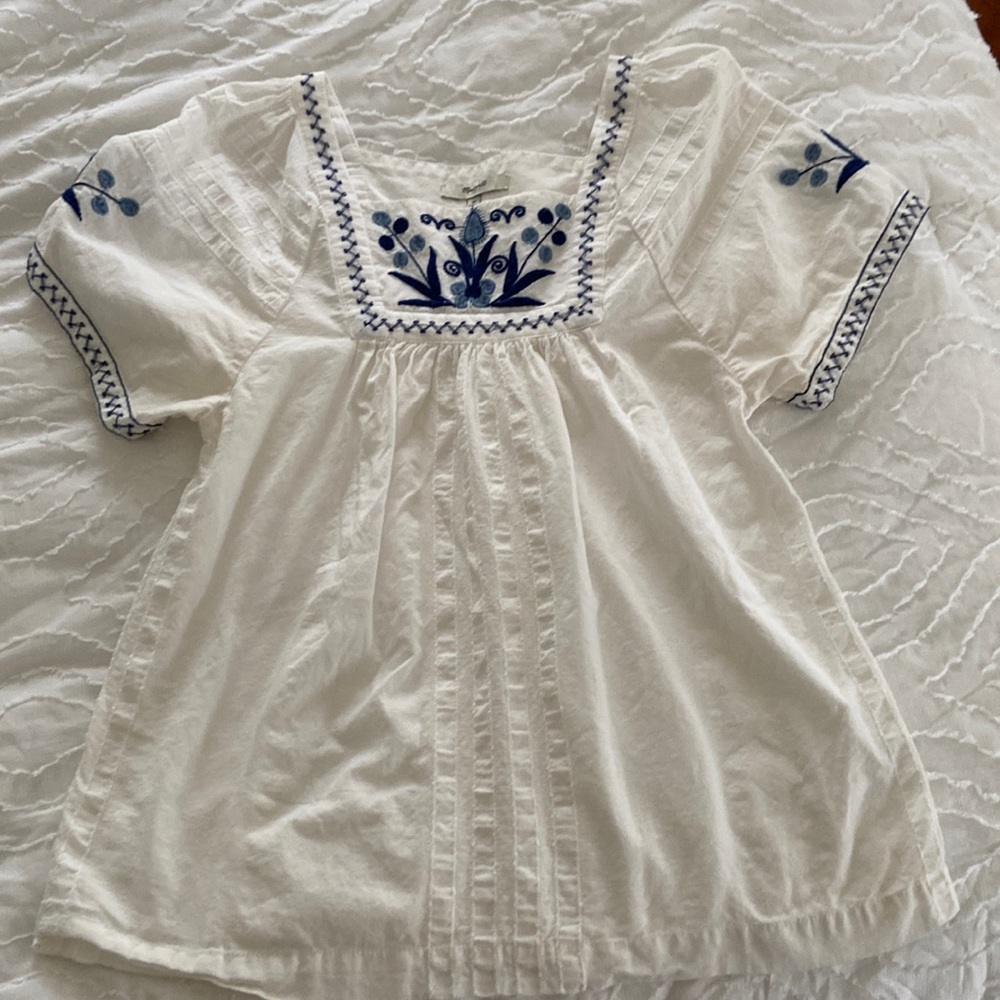 Madewell embroidered Alma white & blue peasant top
